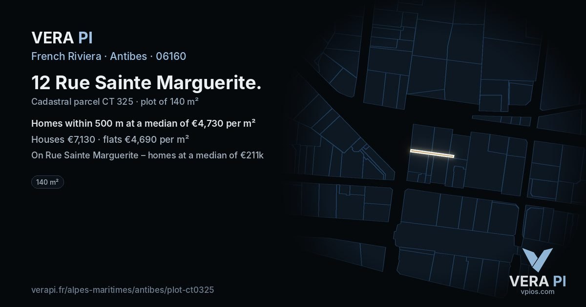 12 Rue Sainte Marguerite, Antibes at night – the plot lit, the parcels around coloured by the prices near them