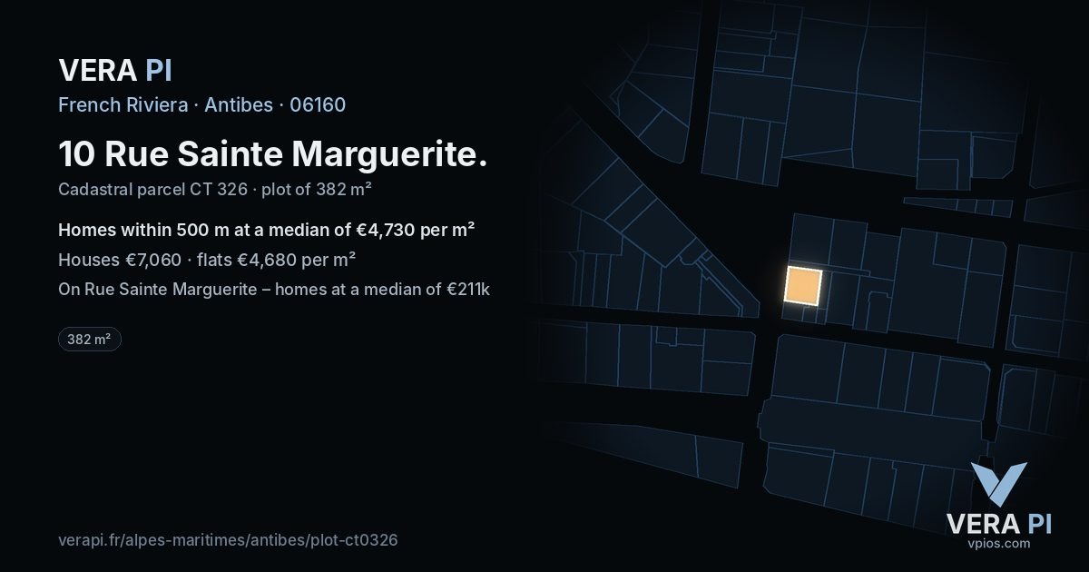 10 Rue Sainte Marguerite, Antibes at night – the plot lit, the parcels around coloured by the prices near them