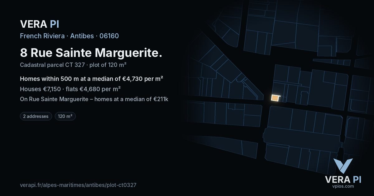 8 Rue Sainte Marguerite, Antibes at night – the plot lit, the parcels around coloured by the prices near them
