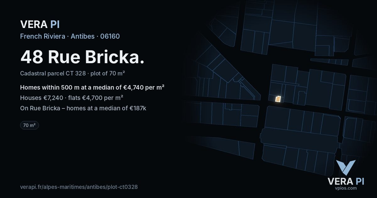 48 Rue Bricka, Antibes at night – the plot lit, the parcels around coloured by the prices near them
