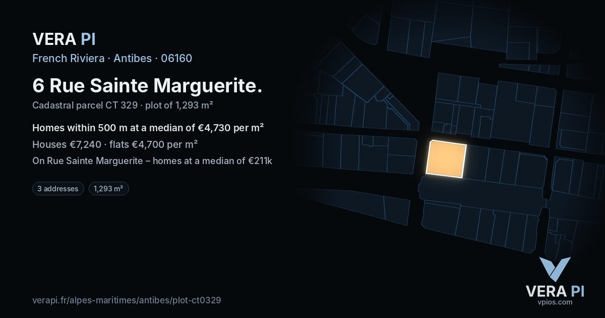 6 Rue Sainte Marguerite, Antibes at night – the plot lit, the parcels around coloured by the prices near them