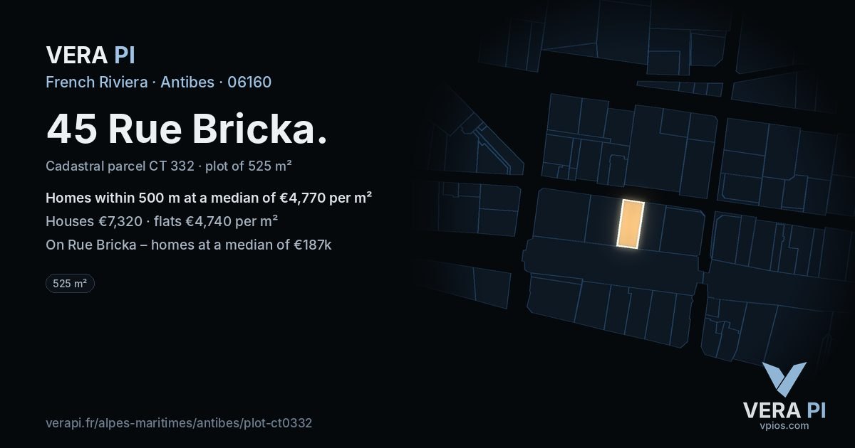 45 Rue Bricka, Antibes at night – the plot lit, the parcels around coloured by the prices near them