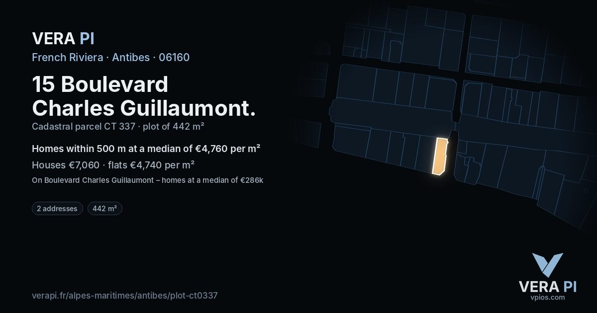 15 Boulevard Charles Guillaumont, Antibes at night – the plot lit, the parcels around coloured by the prices near them