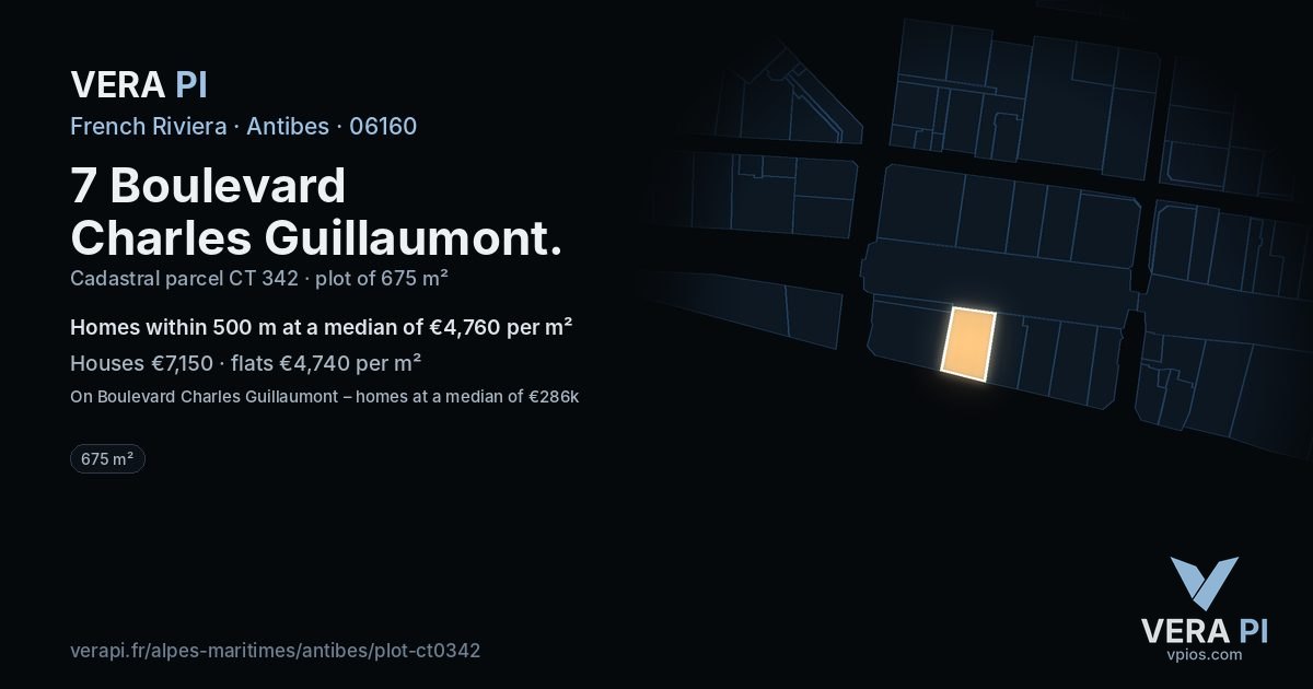 7 Boulevard Charles Guillaumont, Antibes at night – the plot lit, the parcels around coloured by the prices near them