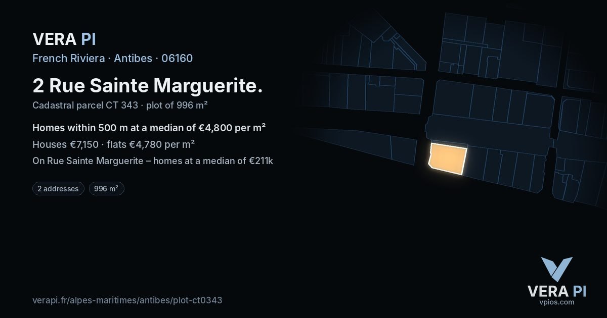 2 Rue Sainte Marguerite, Antibes at night – the plot lit, the parcels around coloured by the prices near them