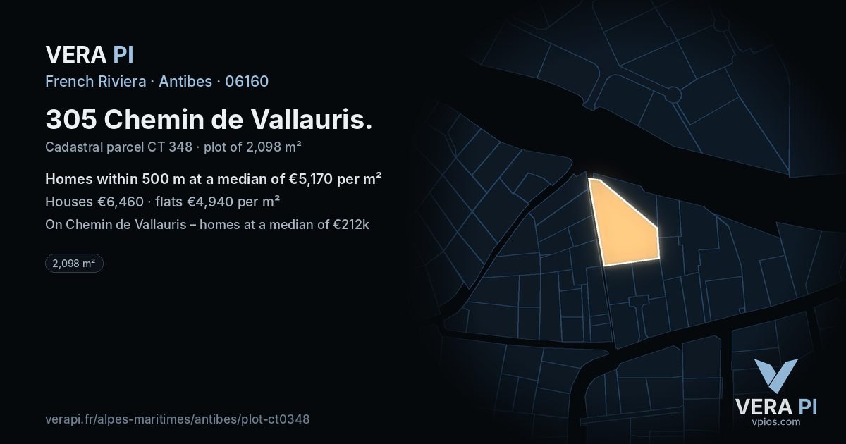 305 Chemin de Vallauris, Antibes at night – the plot lit, the parcels around coloured by the prices near them