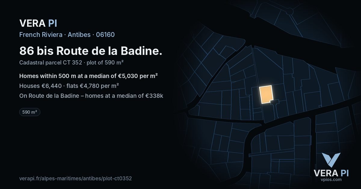 86 bis Route de la Badine, Antibes at night – the plot lit, the parcels around coloured by the prices near them