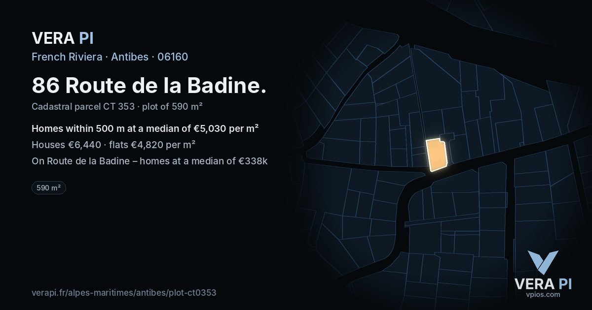 86 Route de la Badine, Antibes at night – the plot lit, the parcels around coloured by the prices near them