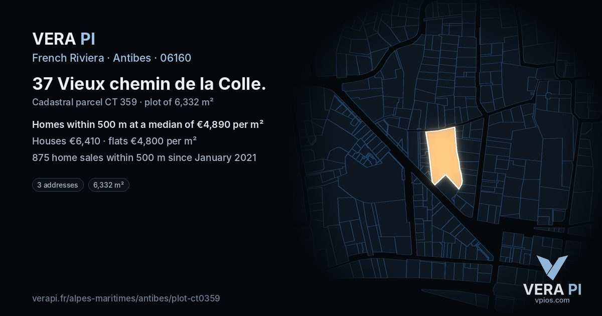 37 Vieux chemin de la Colle, Antibes at night – the plot lit, the parcels around coloured by the prices near them