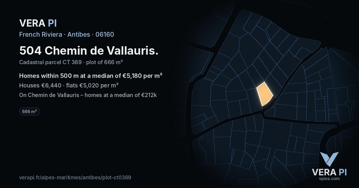 504 Chemin de Vallauris, Antibes at night – the plot lit, the parcels around coloured by the prices near them