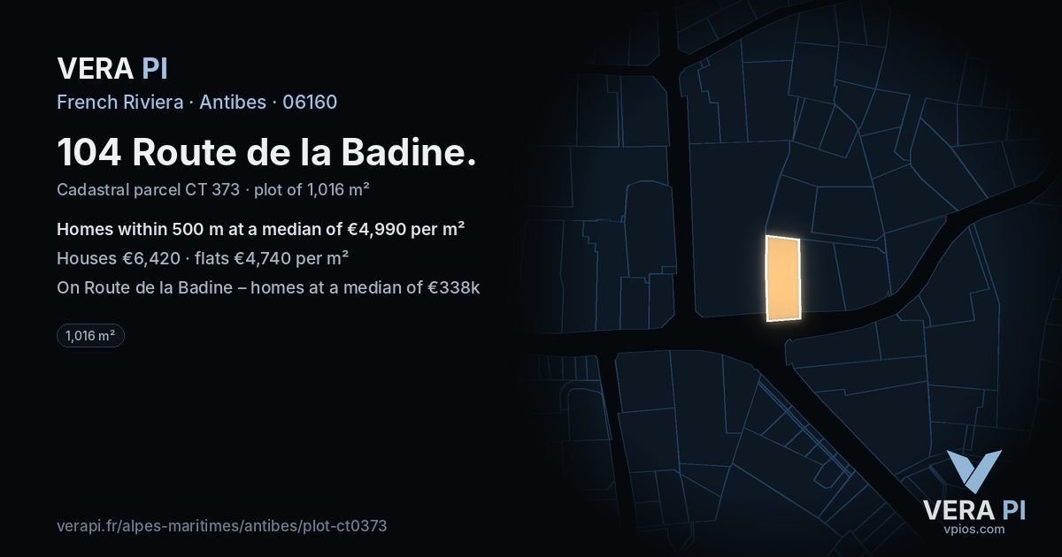 104 Route de la Badine, Antibes at night – the plot lit, the parcels around coloured by the prices near them