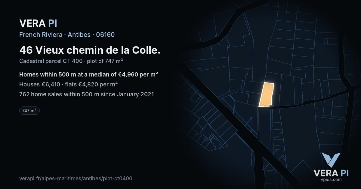 46 Vieux chemin de la Colle, Antibes at night – the plot lit, the parcels around coloured by the prices near them