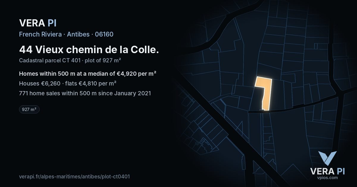 44 Vieux chemin de la Colle, Antibes at night – the plot lit, the parcels around coloured by the prices near them