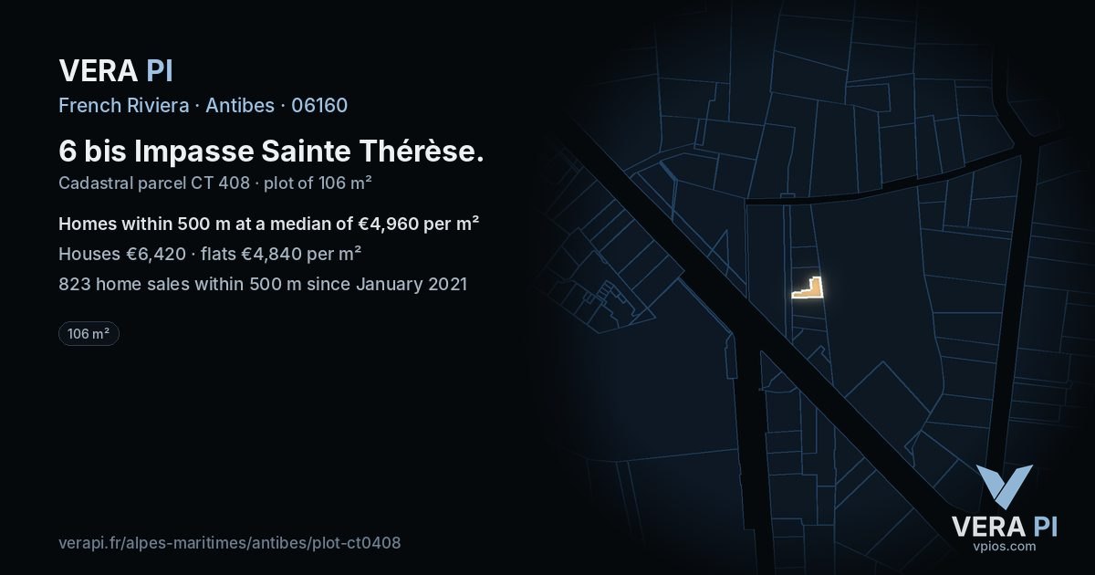 6 bis Impasse Sainte Thérèse, Antibes at night – the plot lit, the parcels around coloured by the prices near them