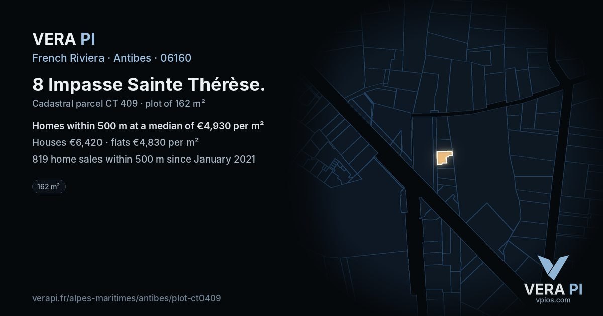 8 Impasse Sainte Thérèse, Antibes at night – the plot lit, the parcels around coloured by the prices near them