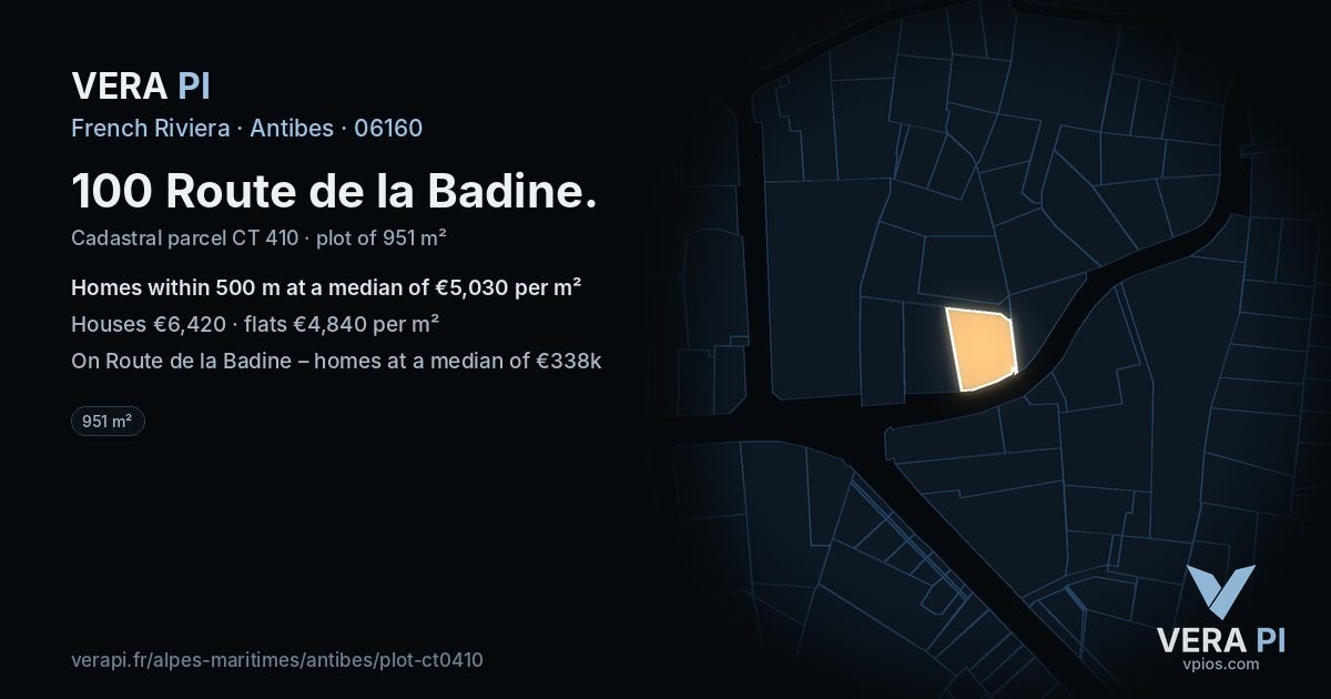 100 Route de la Badine, Antibes at night – the plot lit, the parcels around coloured by the prices near them