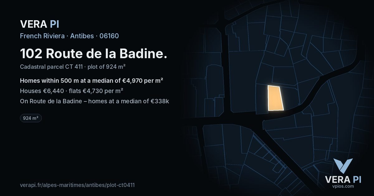 102 Route de la Badine, Antibes at night – the plot lit, the parcels around coloured by the prices near them