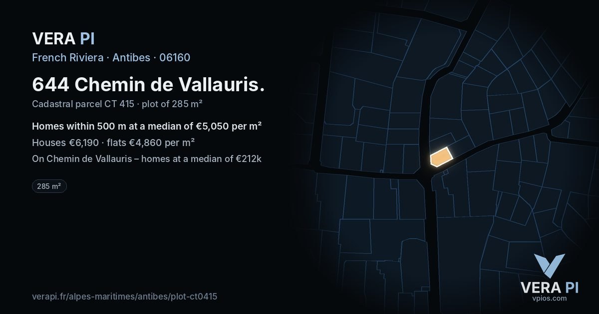 644 Chemin de Vallauris, Antibes at night – the plot lit, the parcels around coloured by the prices near them