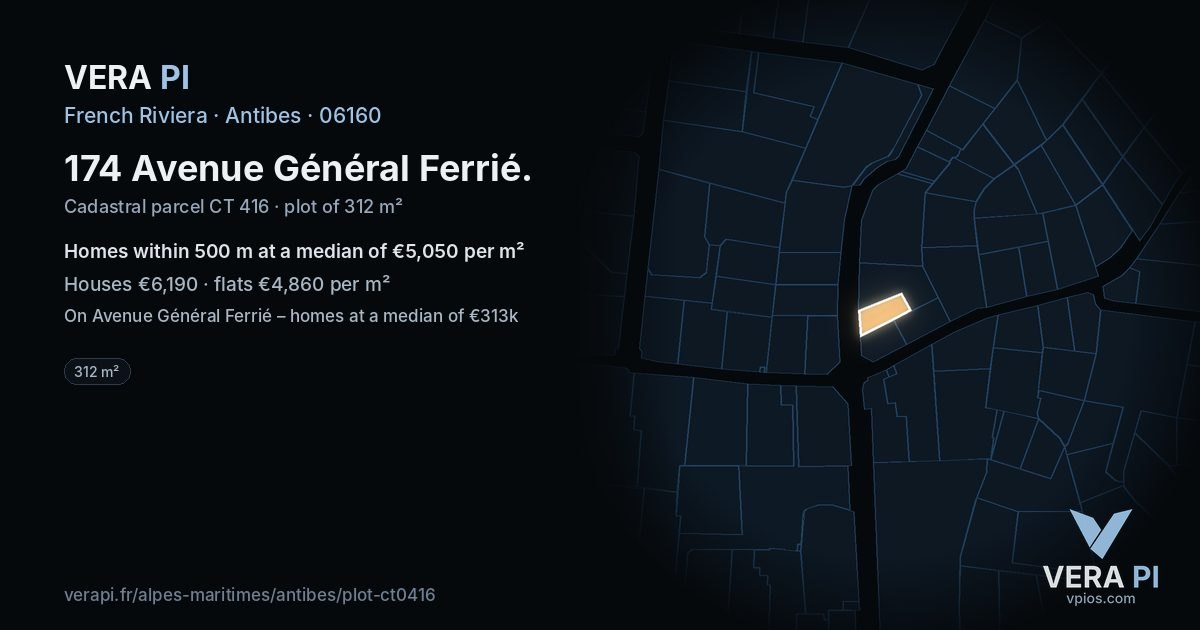 174 Avenue Général Ferrié, Antibes at night – the plot lit, the parcels around coloured by the prices near them