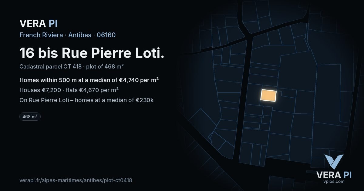 16 bis Rue Pierre Loti, Antibes at night – the plot lit, the parcels around coloured by the prices near them