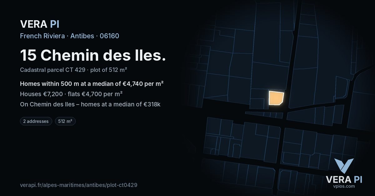 15 Chemin des Iles, Antibes at night – the plot lit, the parcels around coloured by the prices near them