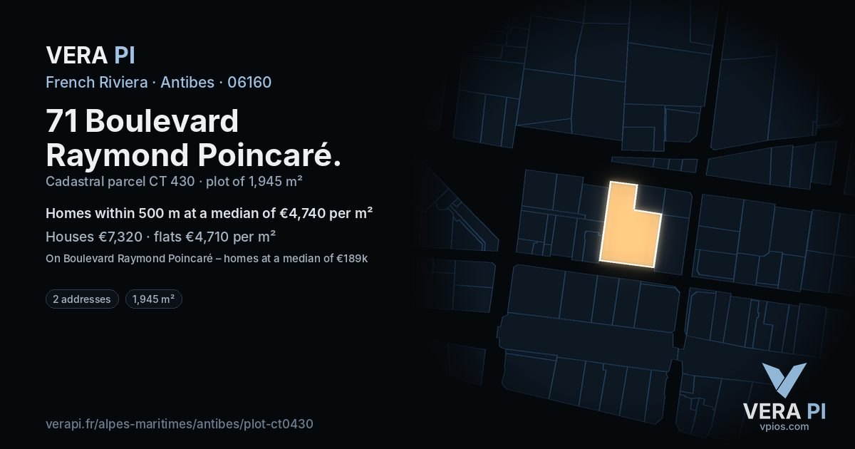 71 Boulevard Raymond Poincaré, Antibes at night – the plot lit, the parcels around coloured by the prices near them