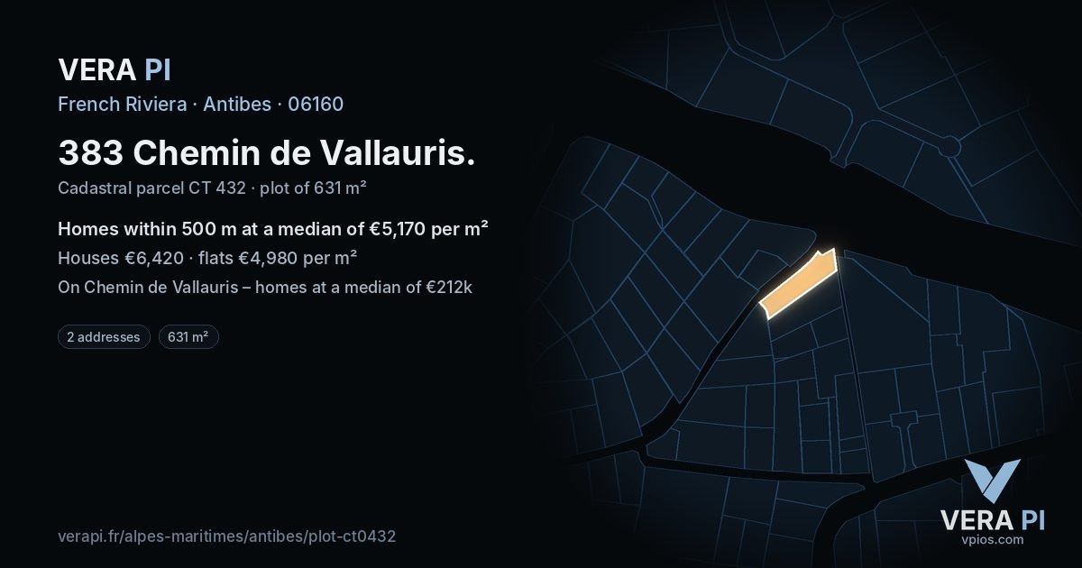 383 Chemin de Vallauris, Antibes at night – the plot lit, the parcels around coloured by the prices near them