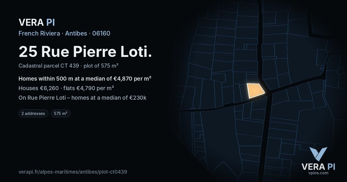 25 Rue Pierre Loti, Antibes at night – the plot lit, the parcels around coloured by the prices near them