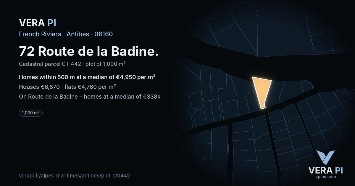 72 Route de la Badine, Antibes at night – the plot lit, the parcels around coloured by the prices near them