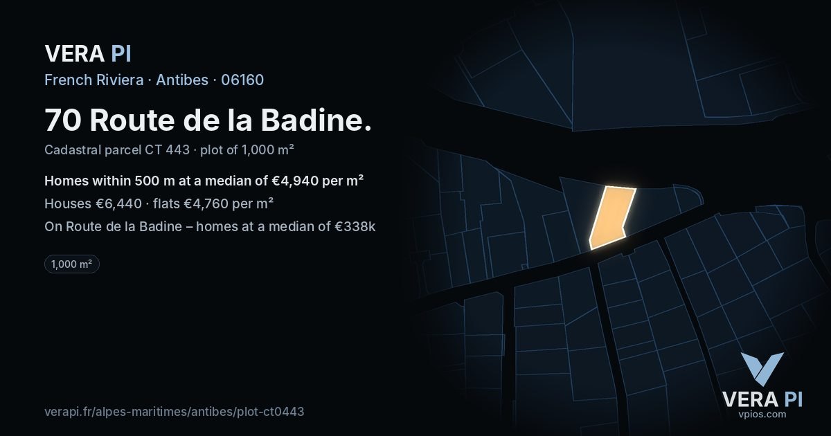 70 Route de la Badine, Antibes at night – the plot lit, the parcels around coloured by the prices near them