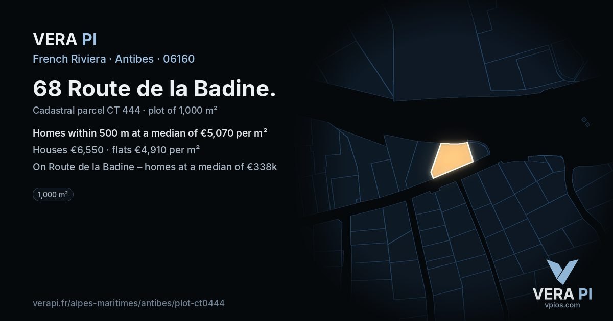 68 Route de la Badine, Antibes at night – the plot lit, the parcels around coloured by the prices near them