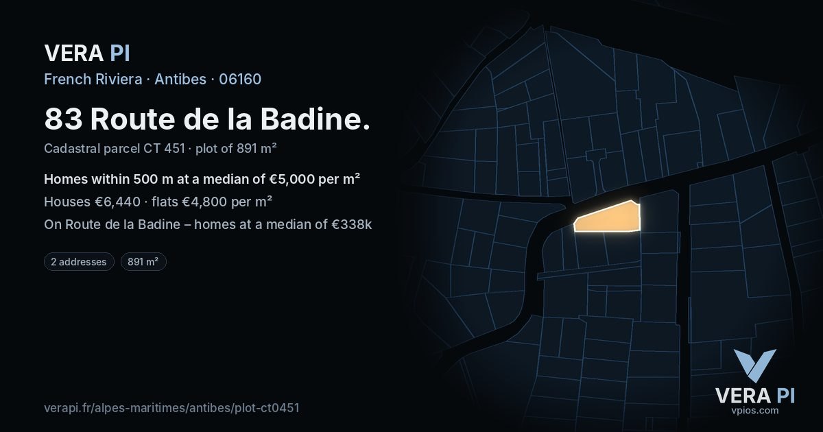 83 Route de la Badine, Antibes at night – the plot lit, the parcels around coloured by the prices near them