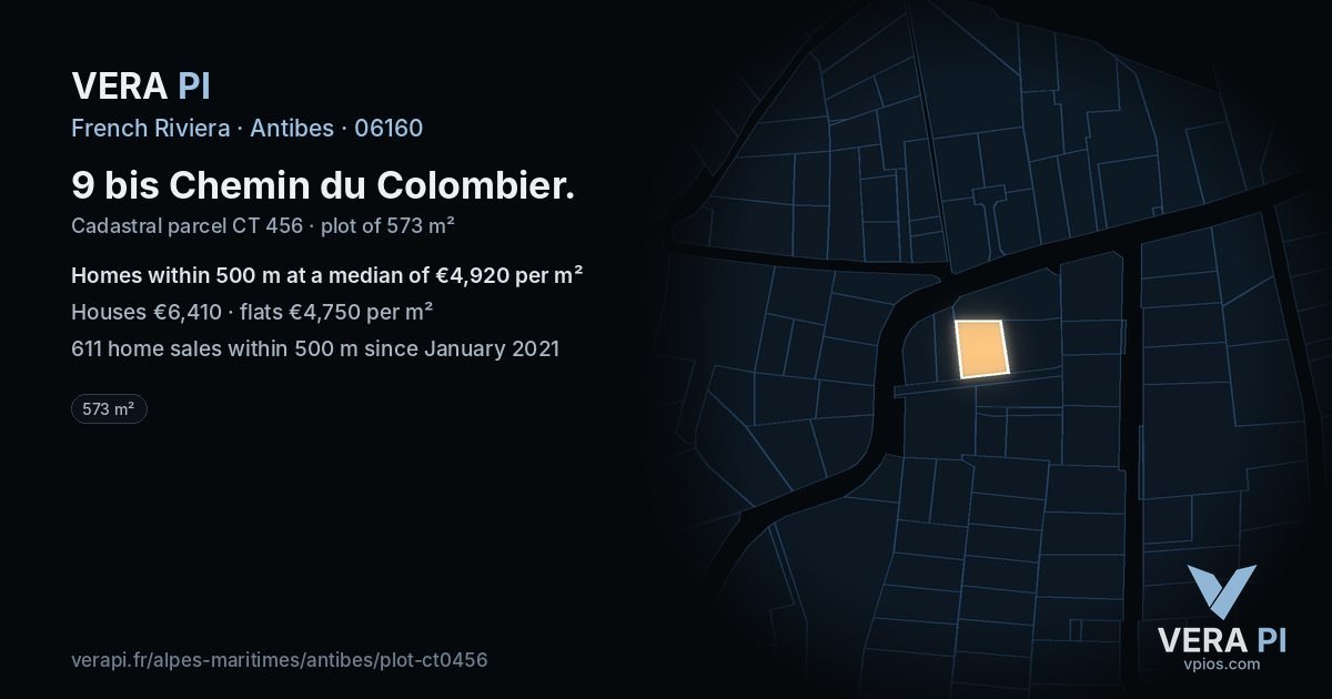 9 bis Chemin du Colombier, Antibes at night – the plot lit, the parcels around coloured by the prices near them