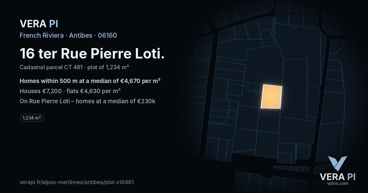 16 ter Rue Pierre Loti, Antibes at night – the plot lit, the parcels around coloured by the prices near them