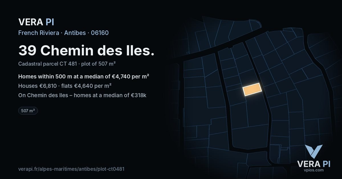 39 Chemin des Iles, Antibes at night – the plot lit, the parcels around coloured by the prices near them