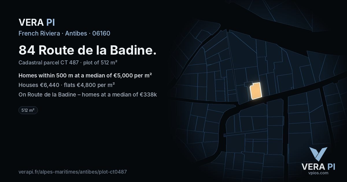 84 Route de la Badine, Antibes at night – the plot lit, the parcels around coloured by the prices near them