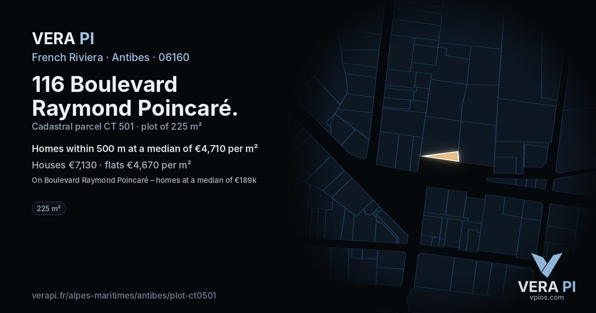116 Boulevard Raymond Poincaré, Antibes at night – the plot lit, the parcels around coloured by the prices near them