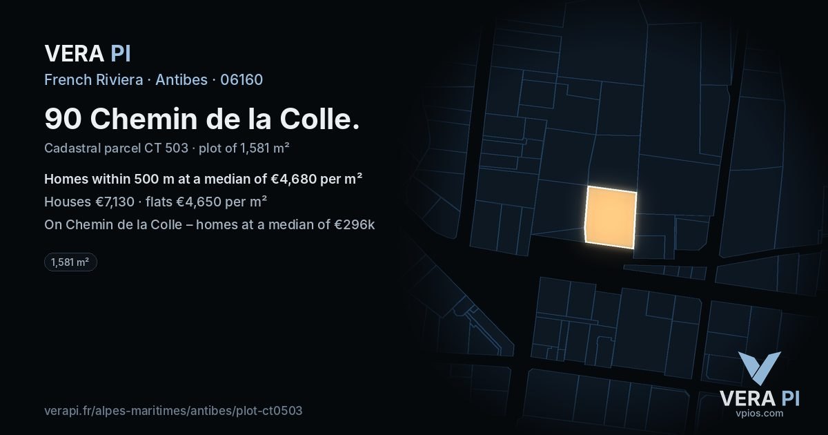 90 Chemin de la Colle, Antibes at night – the plot lit, the parcels around coloured by the prices near them