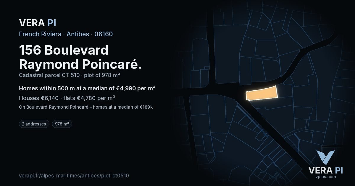 156 Boulevard Raymond Poincaré, Antibes at night – the plot lit, the parcels around coloured by the prices near them