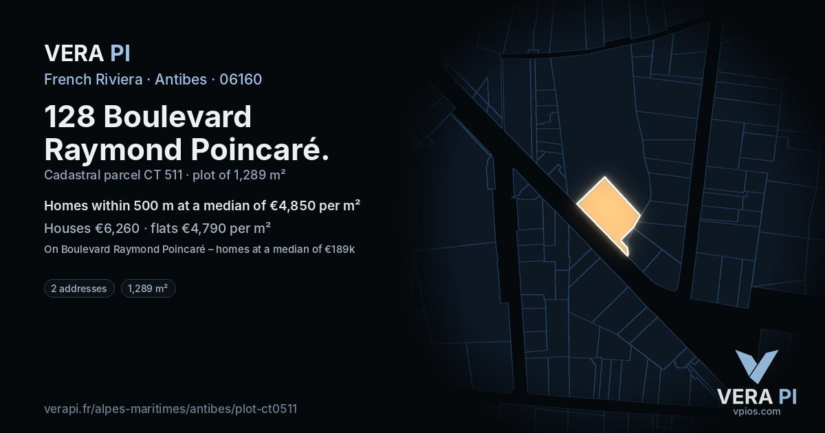 128 Boulevard Raymond Poincaré, Antibes at night – the plot lit, the parcels around coloured by the prices near them