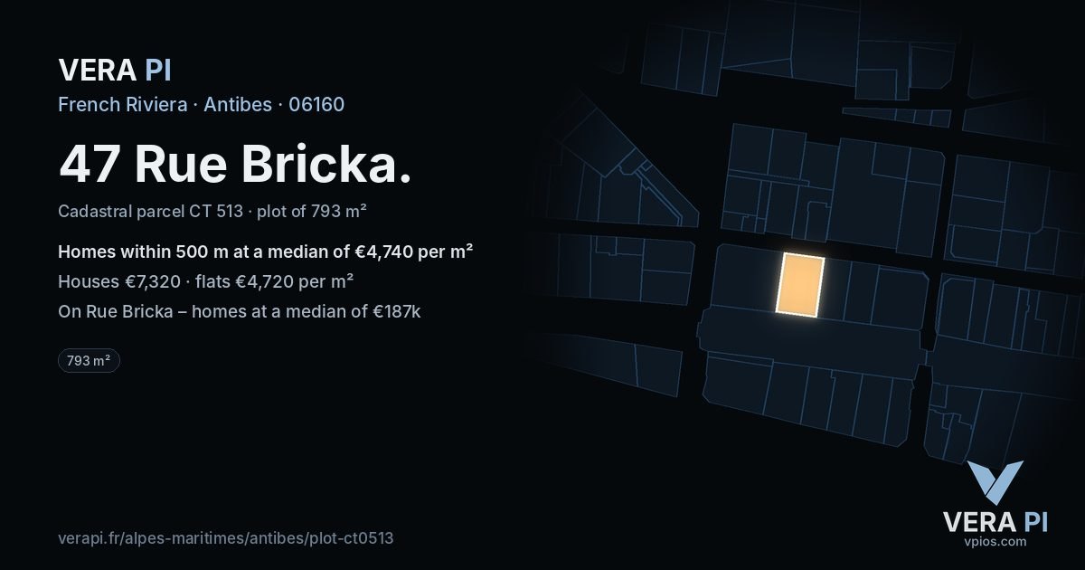 47 Rue Bricka, Antibes at night – the plot lit, the parcels around coloured by the prices near them