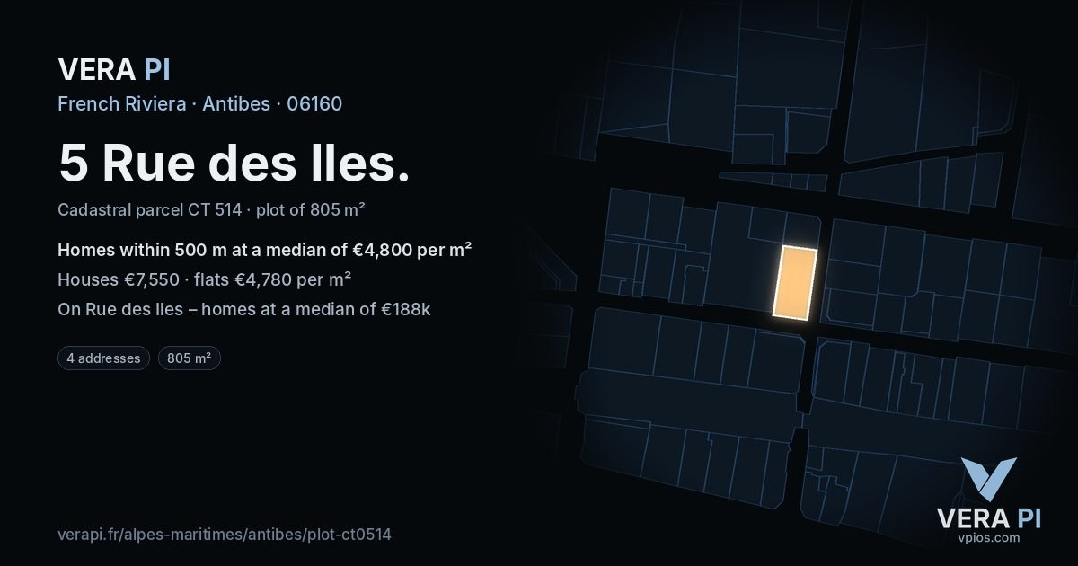 5 Rue des Iles, Antibes at night – the plot lit, the parcels around coloured by the prices near them