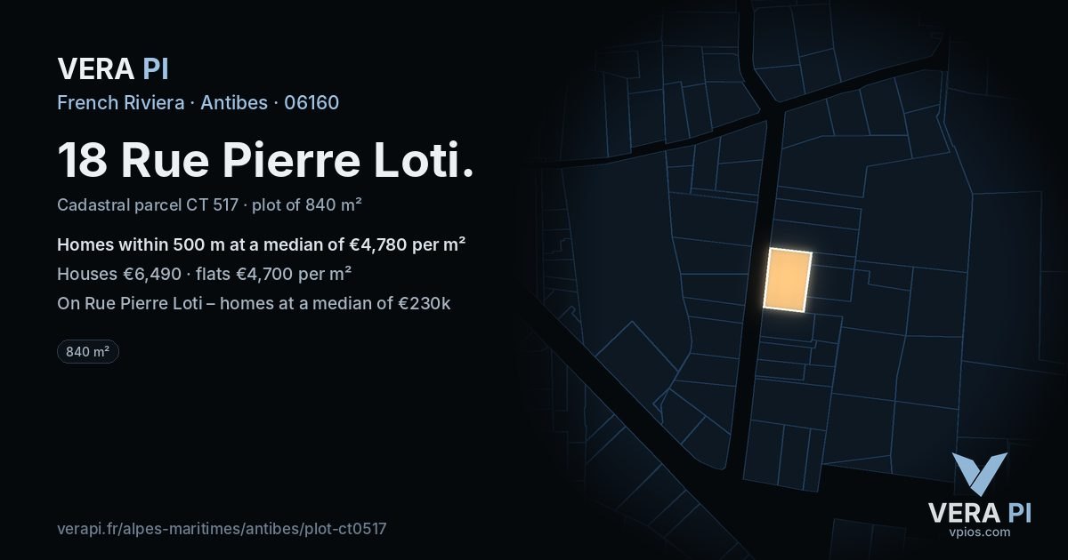 18 Rue Pierre Loti, Antibes at night – the plot lit, the parcels around coloured by the prices near them