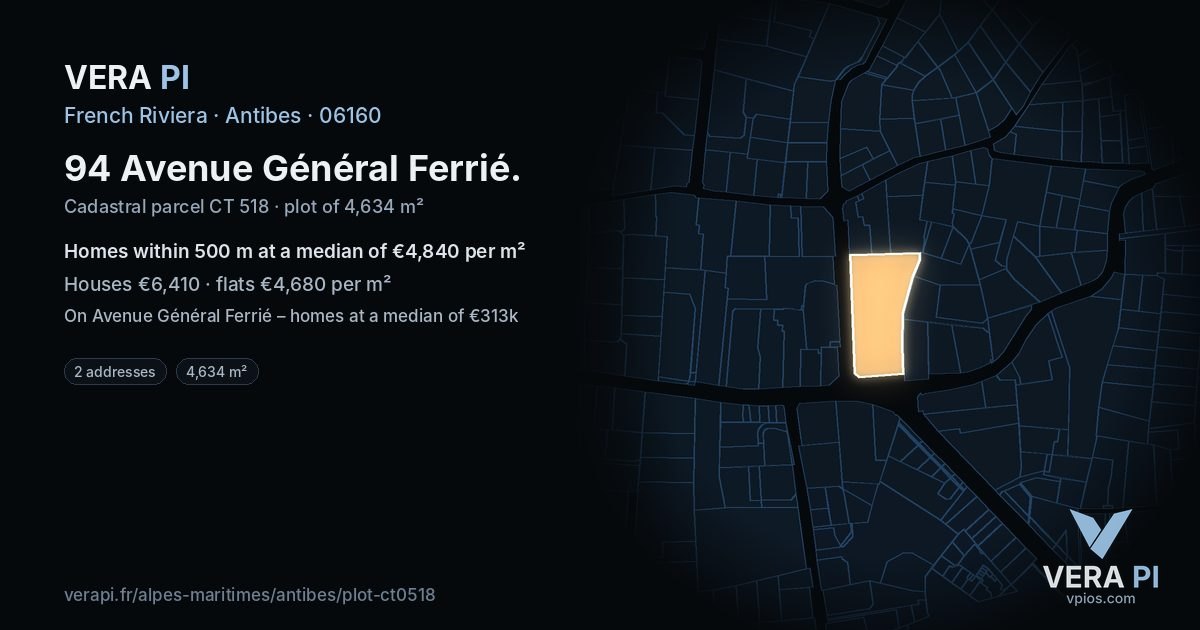 94 Avenue Général Ferrié, Antibes at night – the plot lit, the parcels around coloured by the prices near them