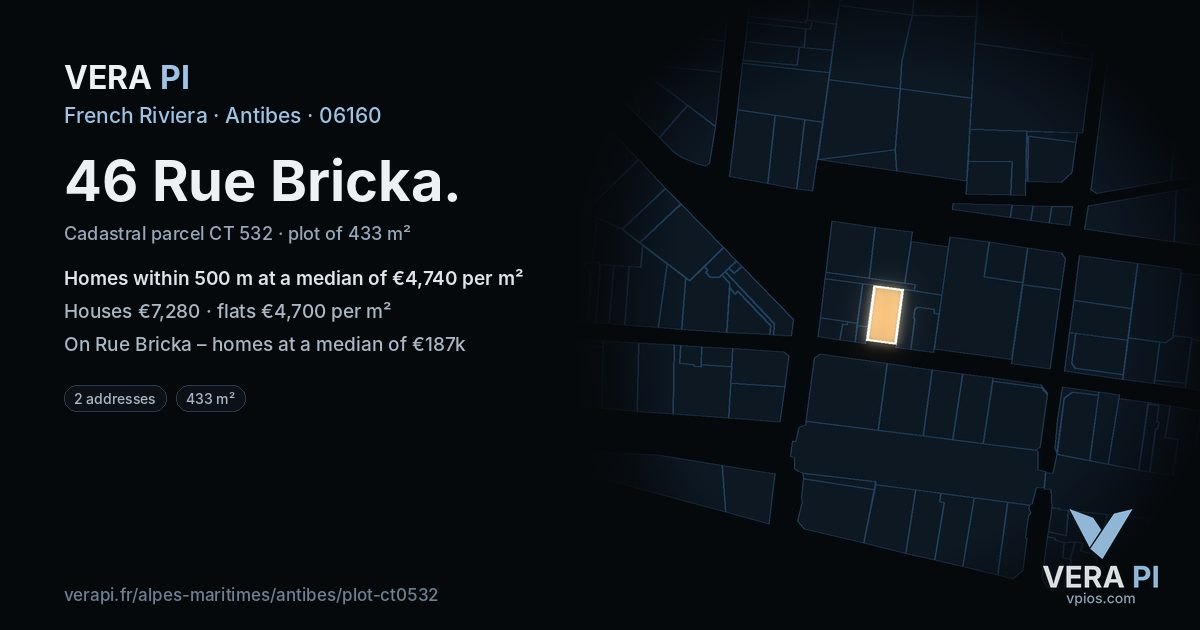 46 Rue Bricka, Antibes at night – the plot lit, the parcels around coloured by the prices near them