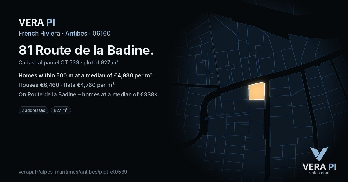 81 Route de la Badine, Antibes at night – the plot lit, the parcels around coloured by the prices near them