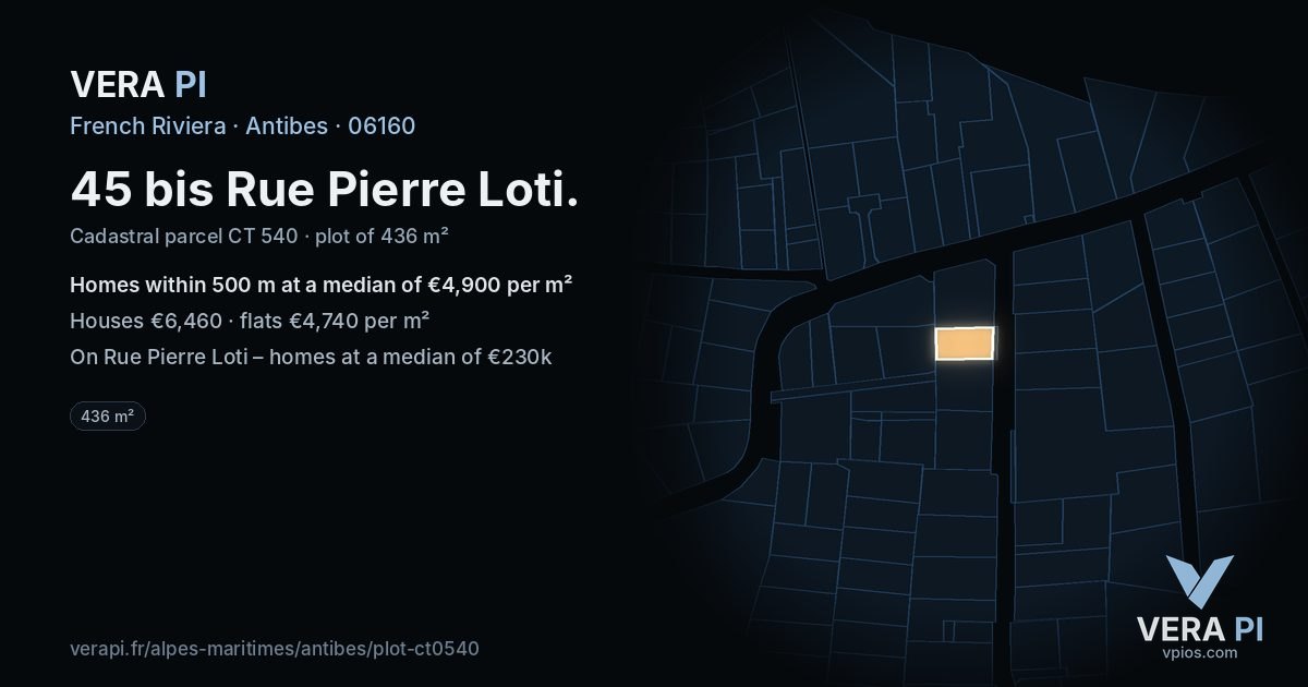 45 bis Rue Pierre Loti, Antibes at night – the plot lit, the parcels around coloured by the prices near them