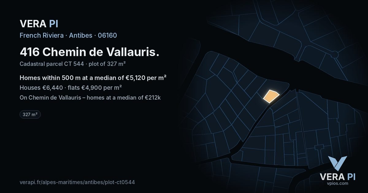 416 Chemin de Vallauris, Antibes at night – the plot lit, the parcels around coloured by the prices near them