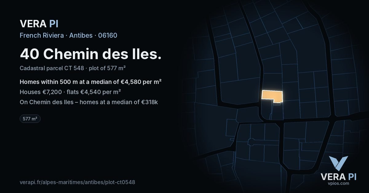 40 Chemin des Iles, Antibes at night – the plot lit, the parcels around coloured by the prices near them