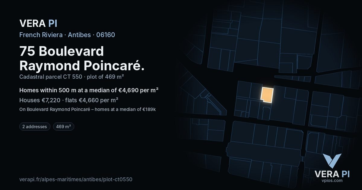 75 Boulevard Raymond Poincaré, Antibes at night – the plot lit, the parcels around coloured by the prices near them